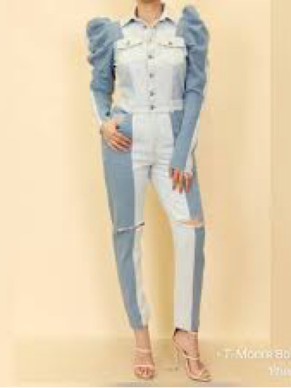 Women’s Two-Tone Puff-Sleeve Denim Jumpsuit - Light Blue/Blue Size L